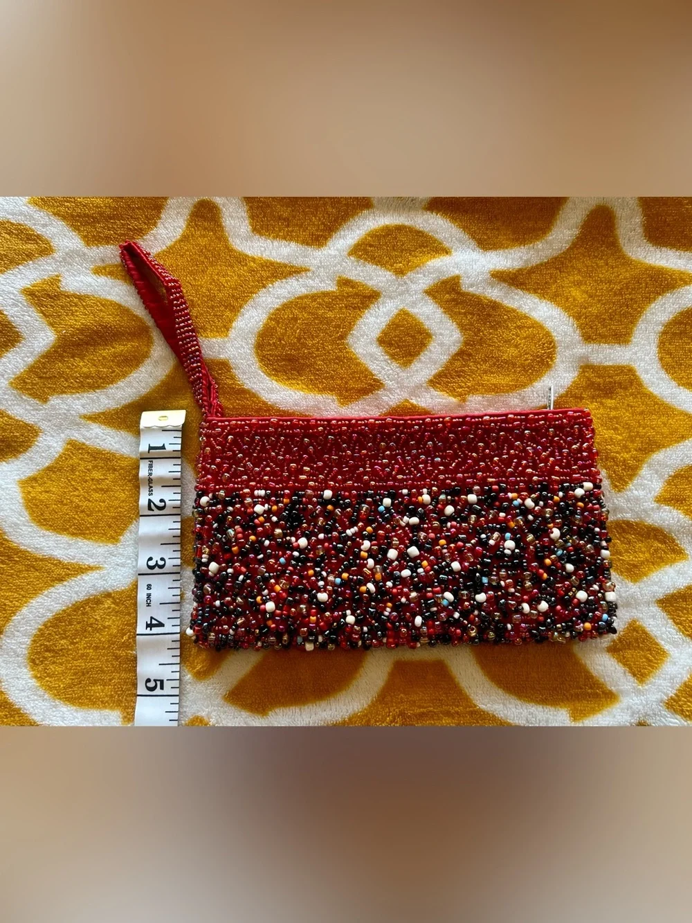 YOA Red Beaded Wristlet Pouch Zip Closure, Wrist Strap Party/Cocktail